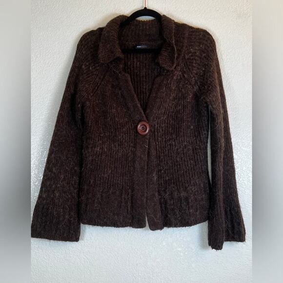 BCBG MAXAZRIA Cardigan Sweater Brown Chunky Knit Bell Sleeves Alpaca Blend Sz L‌ - Picture 1 of 8